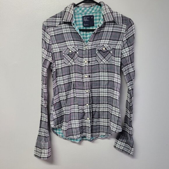 American Eagle Outfitters Plais Shirt Snap Pockets Women's Size 4 Small Gray - Picture 1 of 8